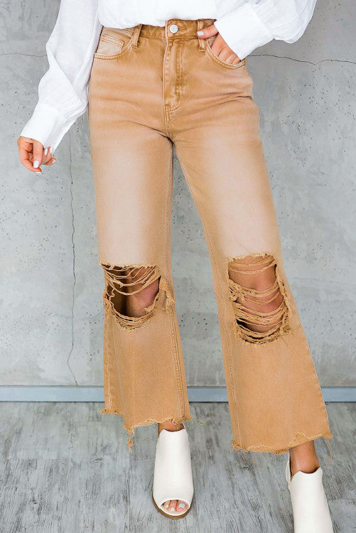 Brown Distressed High Waist Cropped Flare Jean