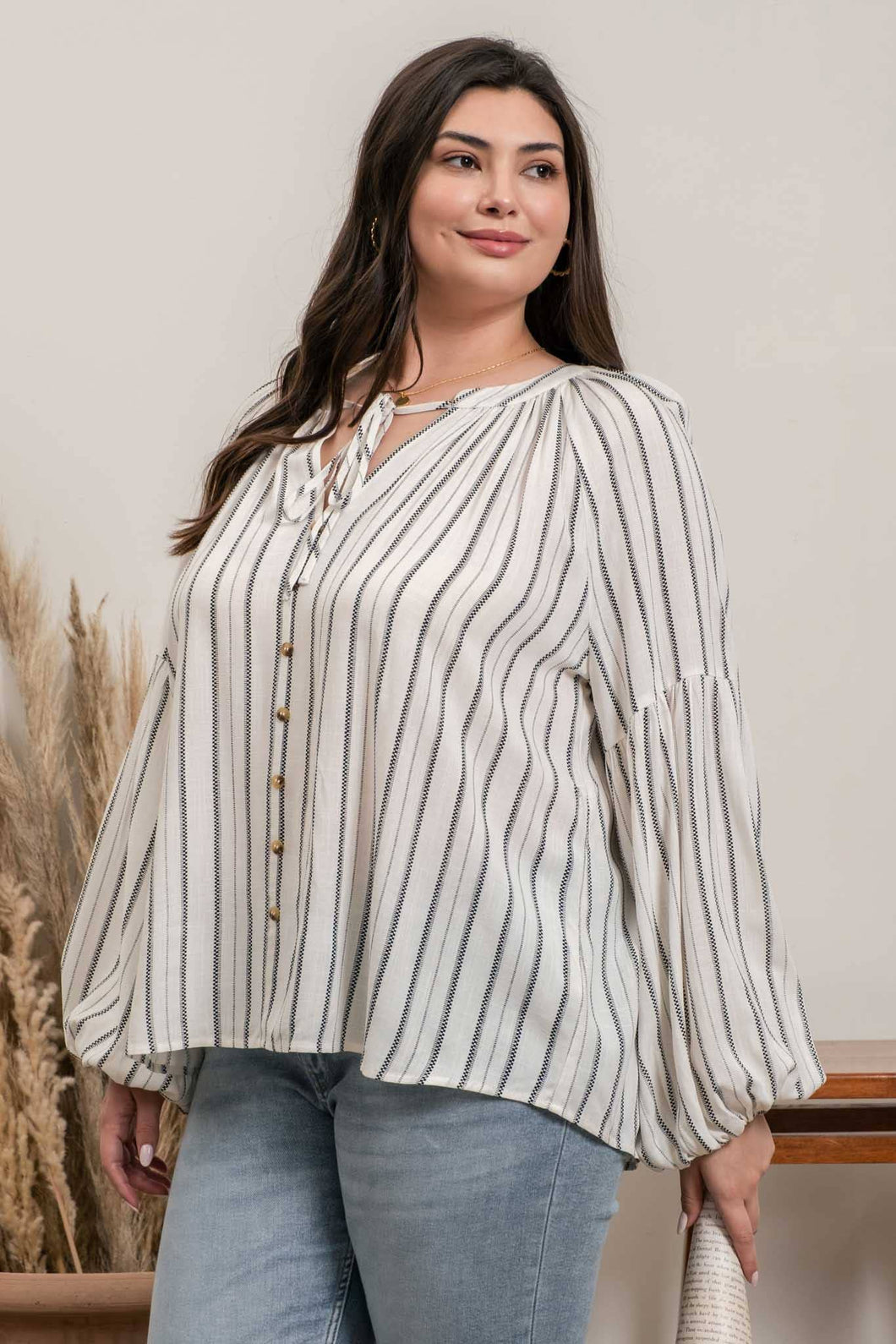 STRIPED PEASANT TOP-PLUS