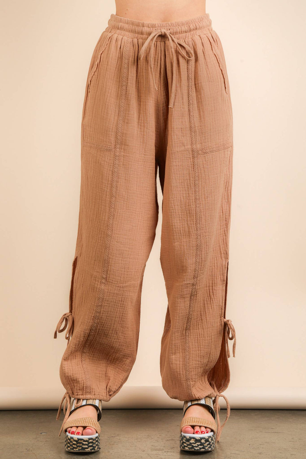 Side Tunnel Harem Pants with Lace Trim