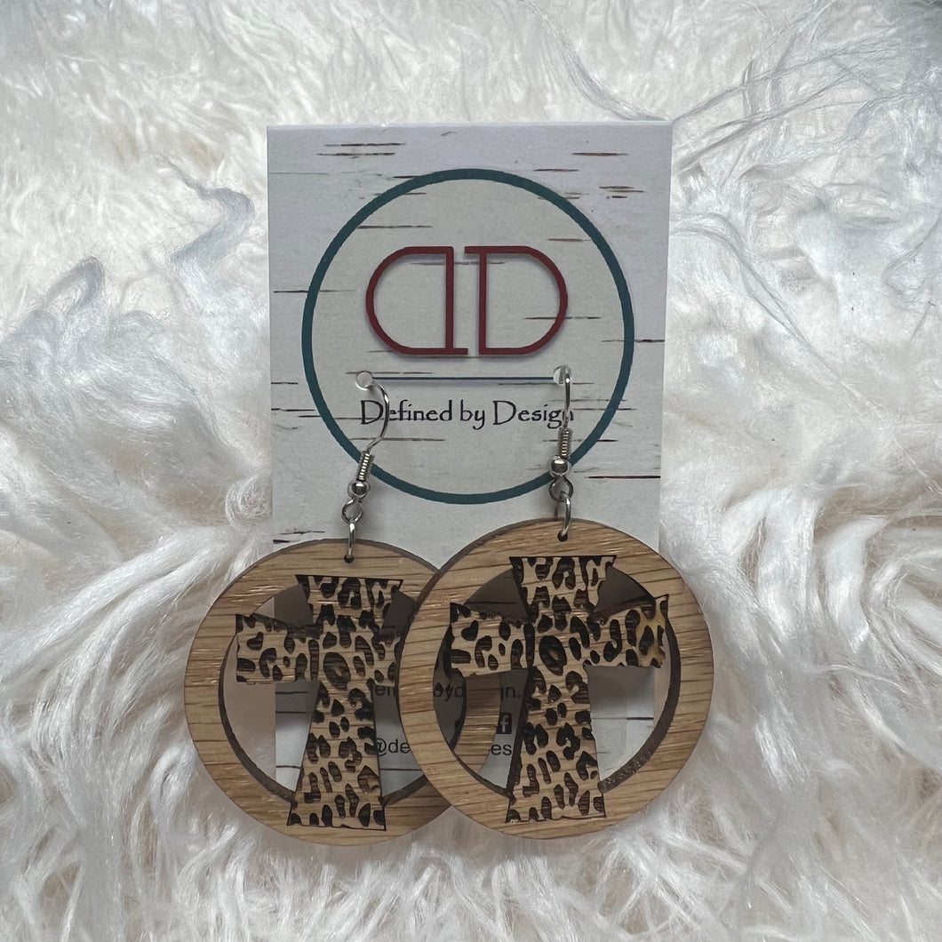 Round Cheetah Cross Wooden Earrings