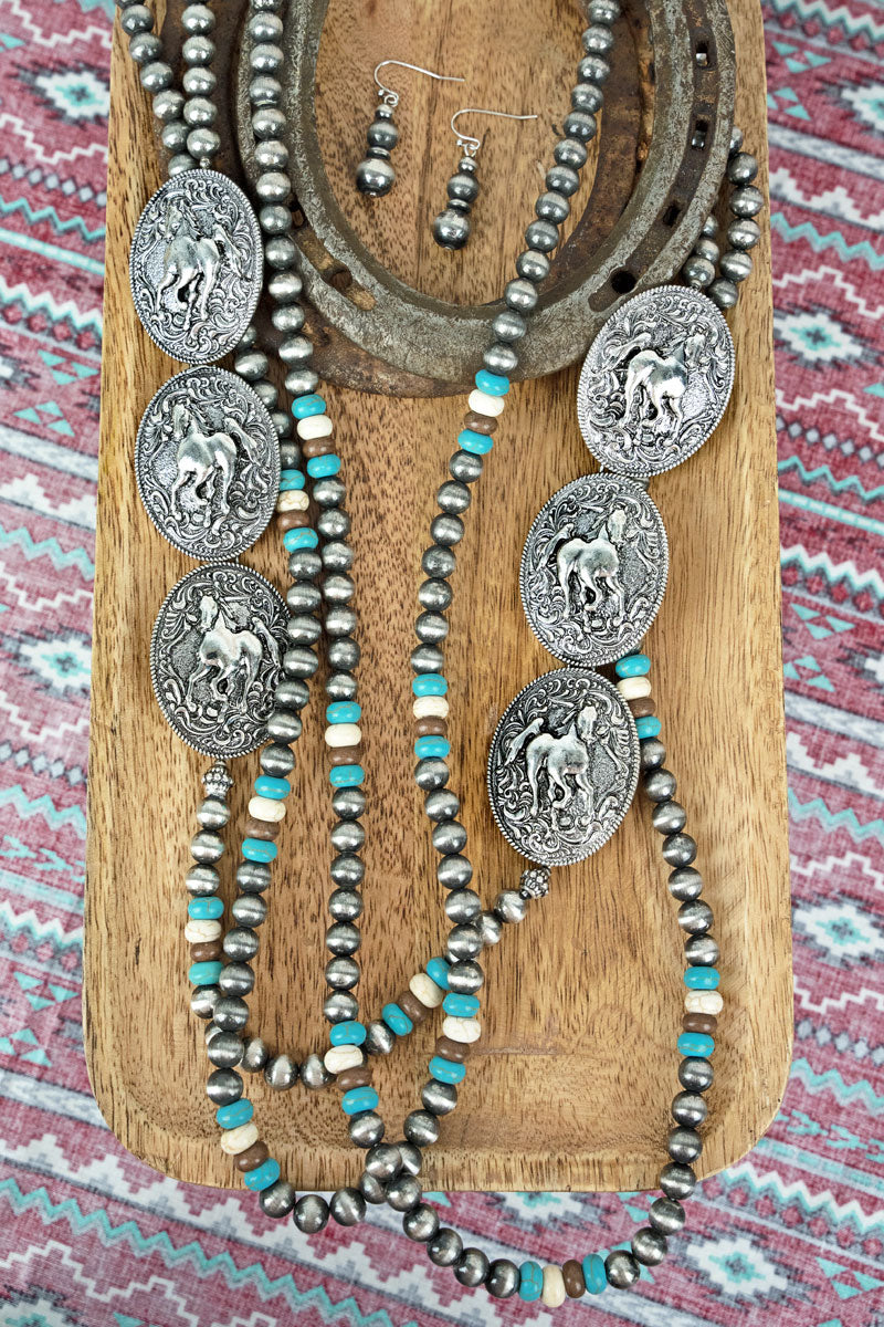 HORSE MOUNTAIN TRI-COLOR & SILVER PEARL NECKLACE AND EARRING SET
